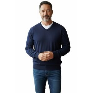 J Crew Men's XL Slim Fit 100% Merino Wool V-Neck Sweater Navy Classic Preppy